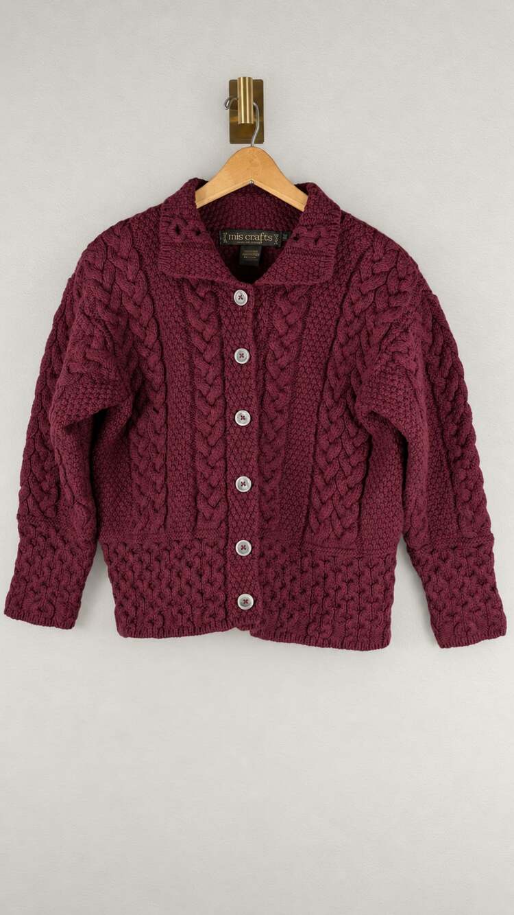 Inis Crafts Ireland Merino Wool Aran Cable Knit Cardigan Burgundy M